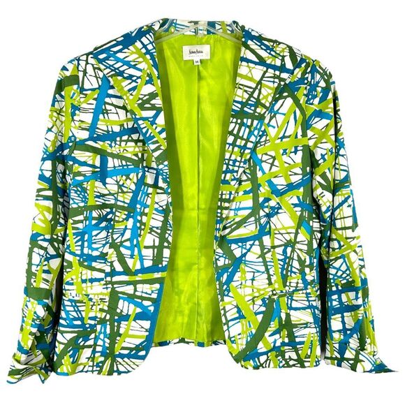 Neiman Marcus Medium Blazer Jacket Blue Green White Lined Open Women Stretch 875 - Picture 1 of 11